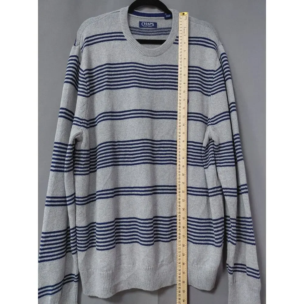 6LS9 Chaps Gray Blue Striped Crewneck Pullover Sweater Men Size XL